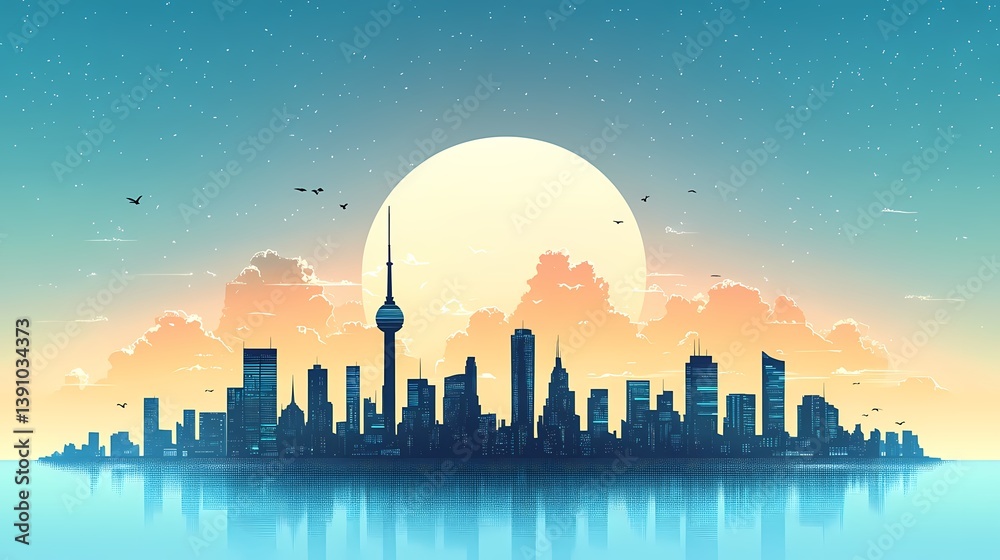 Obraz premium City Skyline Panorama at Sunset: Tranquil Urban Landscape with Modern Architecture and Colorful Sky Reflections in a Digital Illustration Art Piece