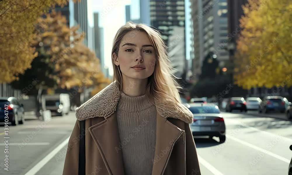 Stylish modern woman walking confidently along vibrant city street in fashionable outfit
Stylish modern woman walking confidently along vibrant city street in fashionable outfit