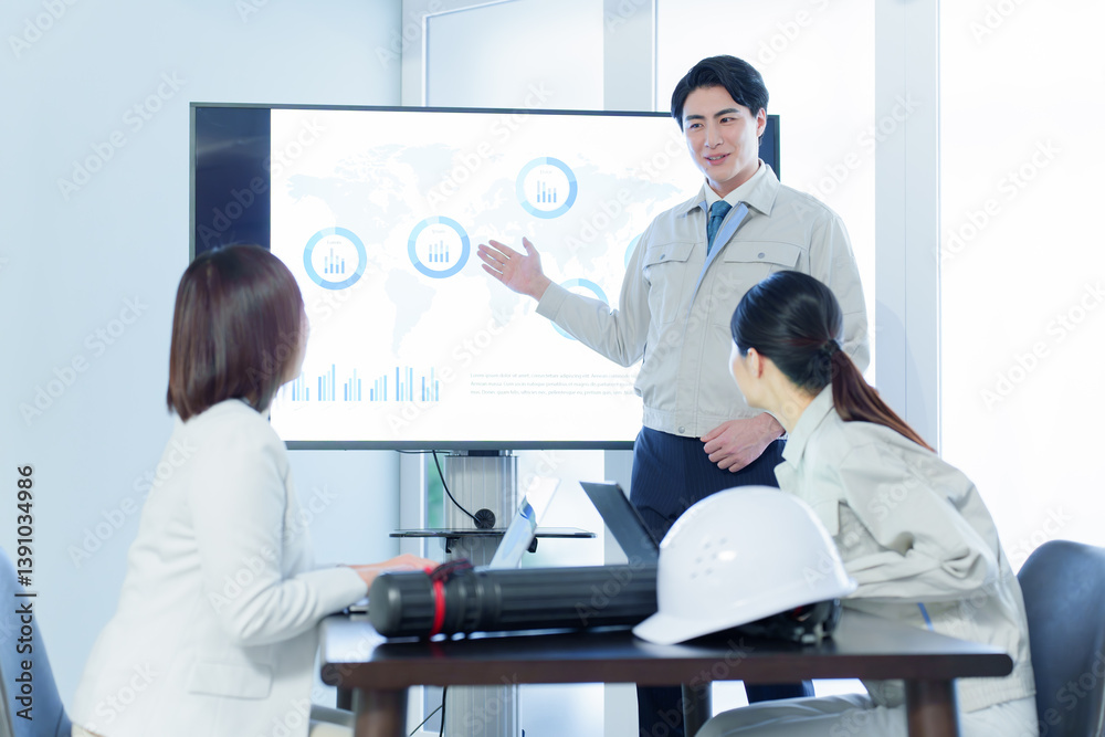 Obraz premium 会議室でプレゼンをする技術者