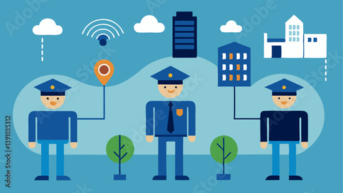 MultiOfficer Coordination A scene with multiple police officers in different locations city street alleyway park each with radios connected by arrows showing their communication