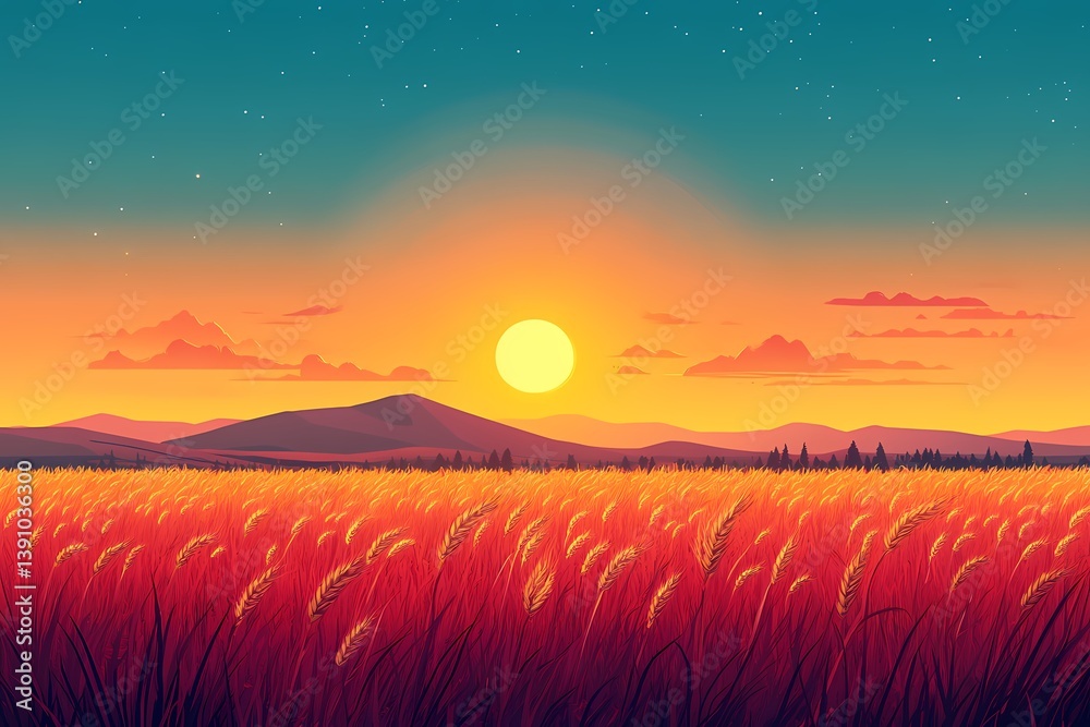Fototapeta premium Scenic Sunset Landscape: Vibrant Sky Over Wheat Field and Silhouetted Mountains in Tranquil Countryside