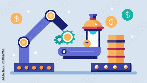 Automated Trading A conveyor beltlike system where various cryptocurrencies are moving past a robotic arm that picks and places coins into a digital wallet representing trade