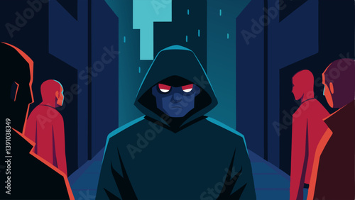 Lurking in the Shadows An illustration of the officer in a hooded jacket lurked in an alley observing suious exchanges between two individuals in dim light.