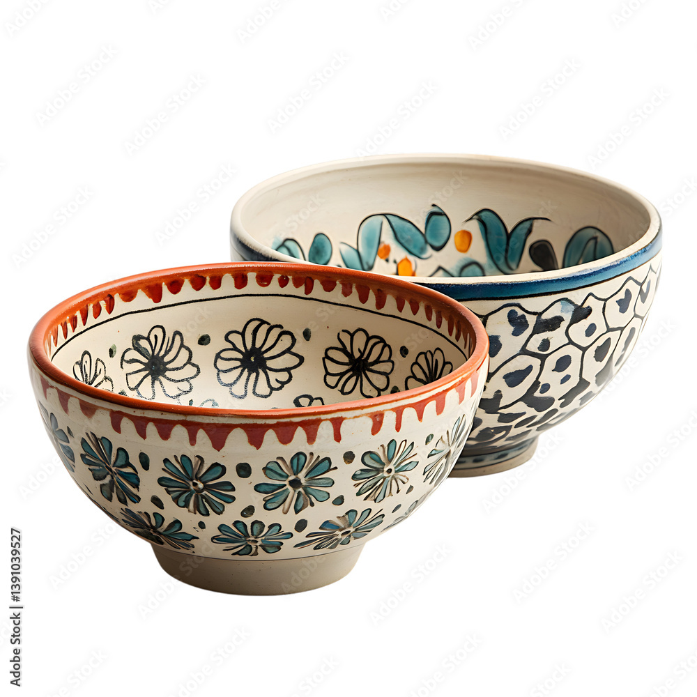 Decorative Ceramic Bowls with Floral Designs Isolated on Transparent Background Decorative Ceramic Bowls with Floral Designs Isolated on Transparent Background