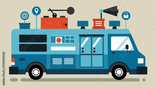 Mobile Equipment A detailed illustration showing various surveillance tools in the van such as a camera a tracking device and a recording system.