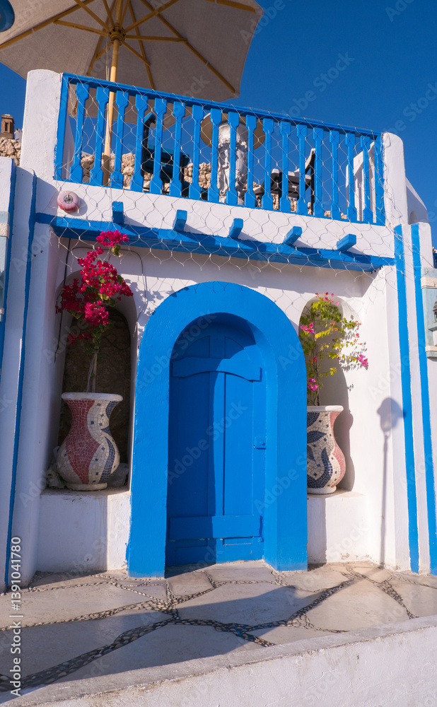 Old blue door, traditional Greek architecture.