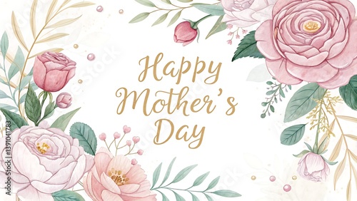Happy mother's day floral arrangement with pink roses and green leaves on a white background design