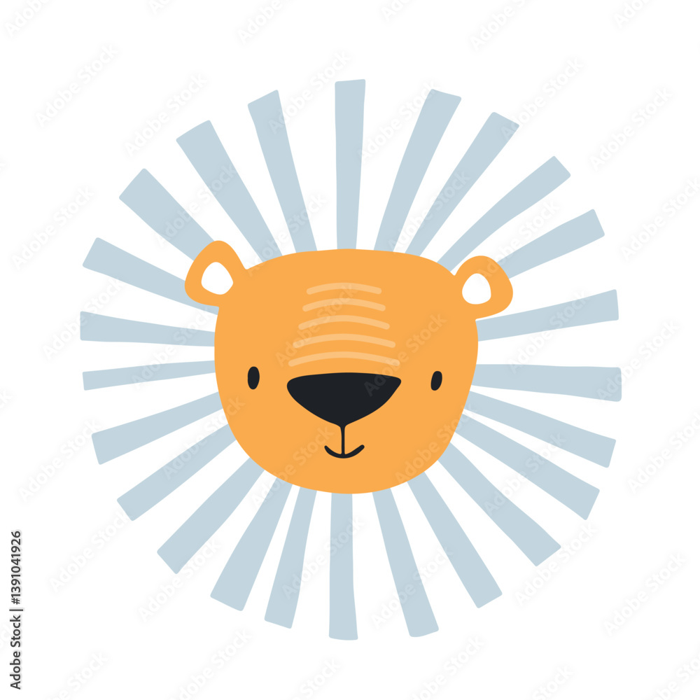 Hand drawn vector illustration of a cute funny lion face. Isolated objects. Scandinavian style flat design. Concept for children print. Vector illustration