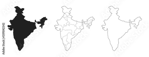 Three different maps of India. The first is a black and white map of the country. The second is a colored map of the country