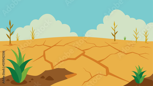 Eroded Soil An depicting cracked and dry soil in an agricultural field with a few weeds struggling to survive. The lack of vegetation emphasizes the effects of
