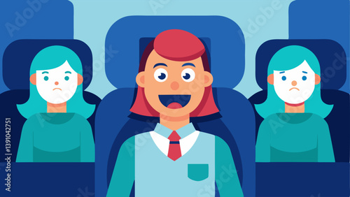 Flying Phobia An illustration of a person on an airplane clutching the armrest while the flight attendants smile reassuringly demonstrating the contrasting emotions of fear and