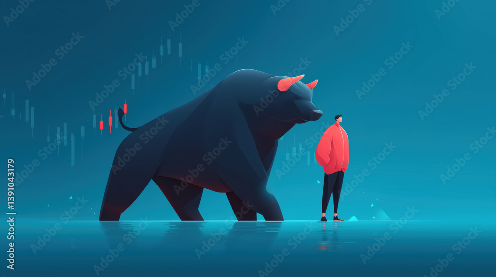 Investment strategies explored by a person standing confidently next to a giant bull in a vibrant financial illustration.