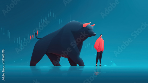 Obraz na płótnie Investment strategies explored by a person standing confidently next to a giant bull in a vibrant financial illustration. w salonie