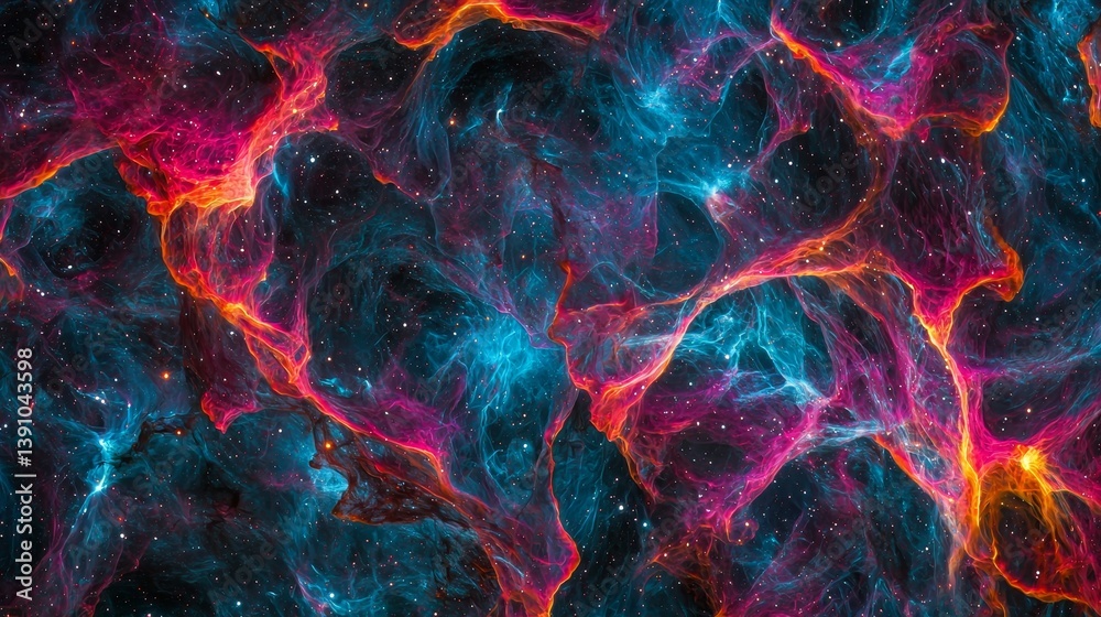 Pulsating nebula with vibrant electric hues, colorful cosmic tendrils wrapping around dark space voids, glowing edges, sci-fi surrealism, high-definition, ultra-wide ratio Pulsating nebula with vibrant electric hues, colorful cosmic tendrils wrapping around dark space voids, glowing edges, sci-fi surrealism, high-definition, ultra-wide ratio