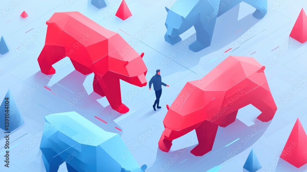Abstract depiction of a person navigating between red and blue bear shapes in a geometric landscape.