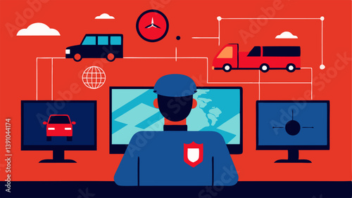 Monitoring Unit An officer sitting in a control room with multiple screens displaying various vehicles tracked by GPS focusing on one vehicle highlighted in red.