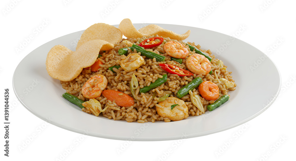 Shrimp Fried Rice Dish with Green Beans and Crispy Crackers Shrimp Fried Rice Dish with Green Beans and Crispy Crackers