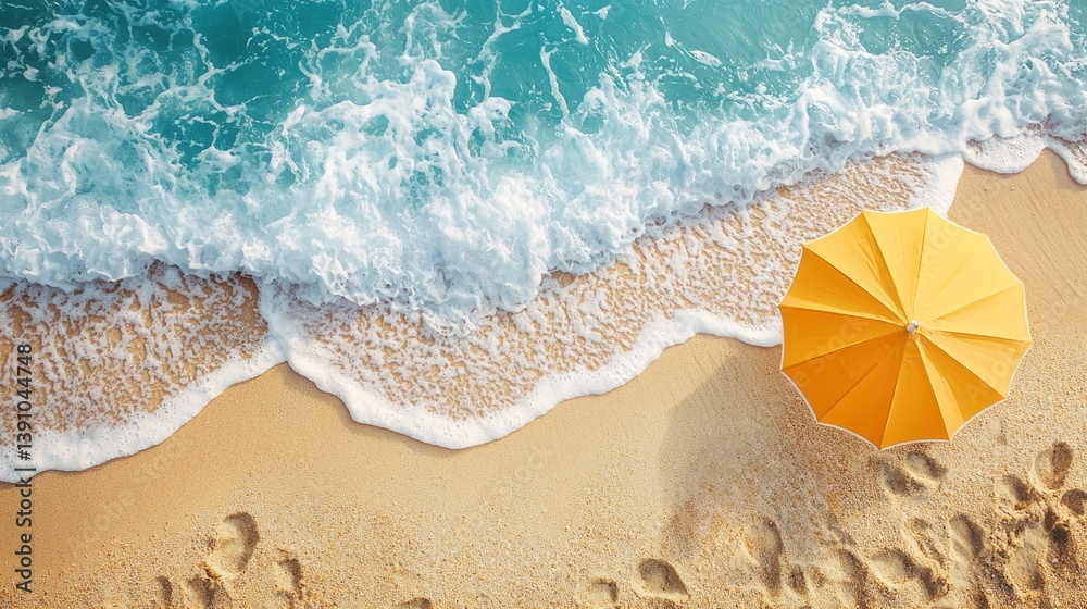 Naklejka premium Bright Yellow Umbrella Above Turquoise Waves on Sandy Beach Shoreline