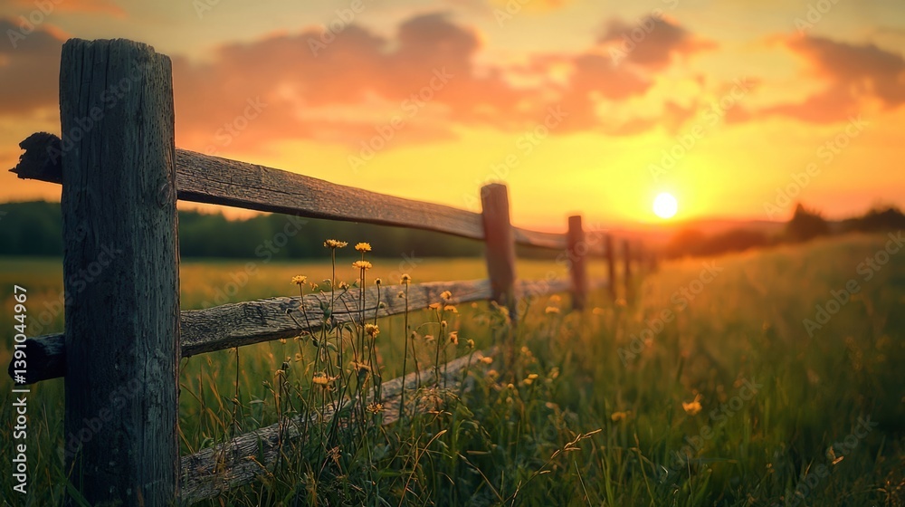 Obraz premium Serene Sunset Over Countryside Field With Wooden Fence and Flowers