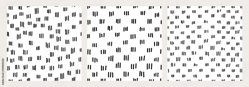 Abstract pattern set. Black and white hand drawn seamless textures collection with playful designs like raindrops, dots, and dashes. Great for packaging, stationery, backgrounds, or textile projects