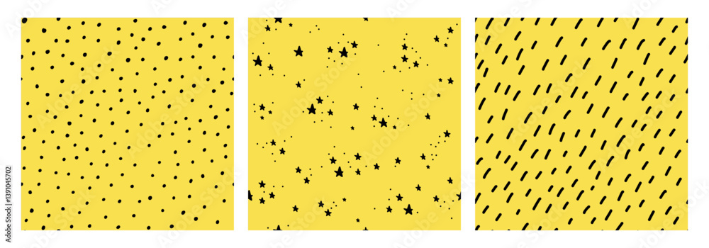 Set of seamless hand drawn small patterns on a yellow background, featuring dashes, dots, and stars. Perfect for fabric, gift wrap, wallpaper, scrapbooking, and creative projects