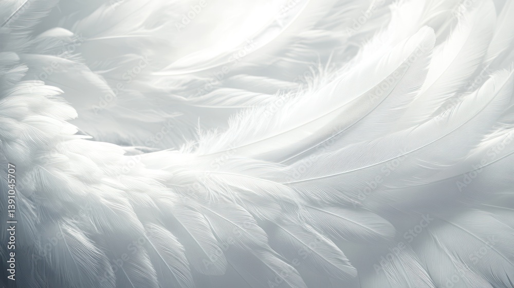 Fototapeta premium White feathers, soft glow, close-up, background blur, design texture