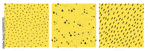 Obraz na płótnie Set of seamless hand drawn small patterns on a yellow background, featuring dashes, dots, and stars. Perfect for fabric, gift wrap, wallpaper, scrapbooking, and creative projects w salonie
