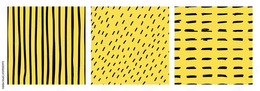 Collection of seamless hand drawn patterns with black dashes, stripes, and irregular lines on a yellow background. Ideal for textile design, wrapping paper, branding, and modern creative projects
