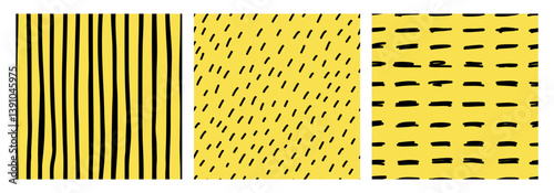 Obraz na płótnie Collection of seamless hand drawn patterns with black dashes, stripes, and irregular lines on a yellow background. Ideal for textile design, wrapping paper, branding, and modern creative projects w salonie