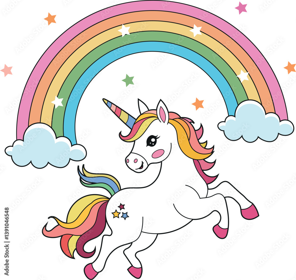 Fototapeta premium Cute Unicorn with Rainbow and Stars