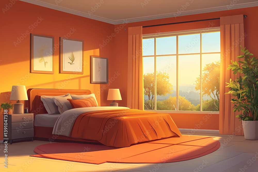 Obraz premium Cozy Contemporary Bedroom Interior Design with Warm Orange Decor and Elegant Minimalist Lighting