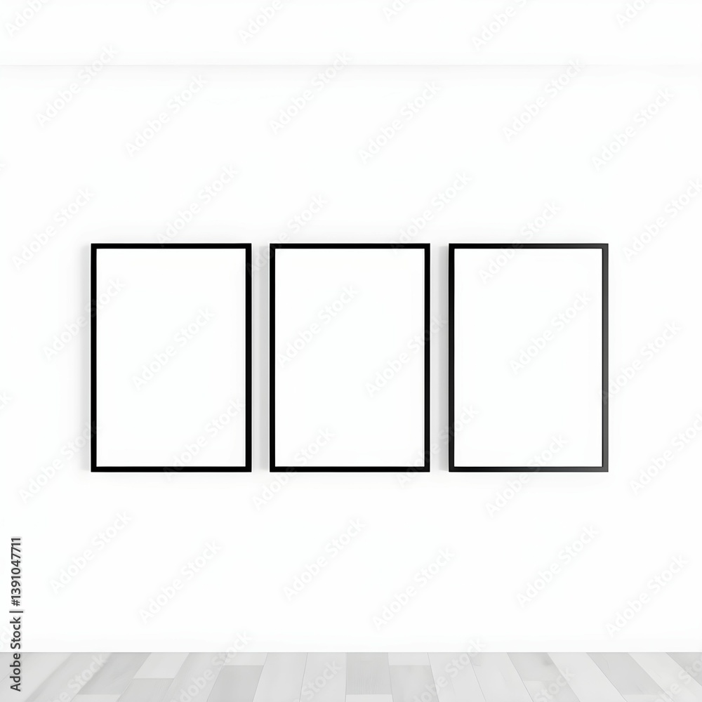 Minimalist wall art, three empty black frames, white wall, gallery display, clean aesthetic, simple composition, modern interior design, blank canvases Minimalist wall art, three empty black frames, white wall, gallery display, clean aesthetic, simple composition, modern interior design, blank canvases