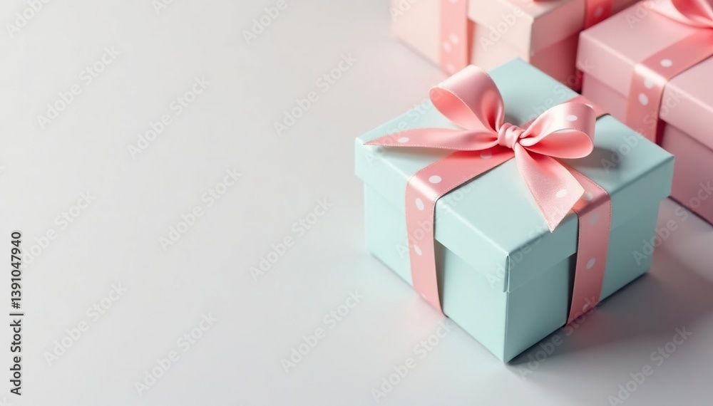 Obraz premium Pastel colored square gift boxes with dotted bows, subtle pattern, repeating, background, print