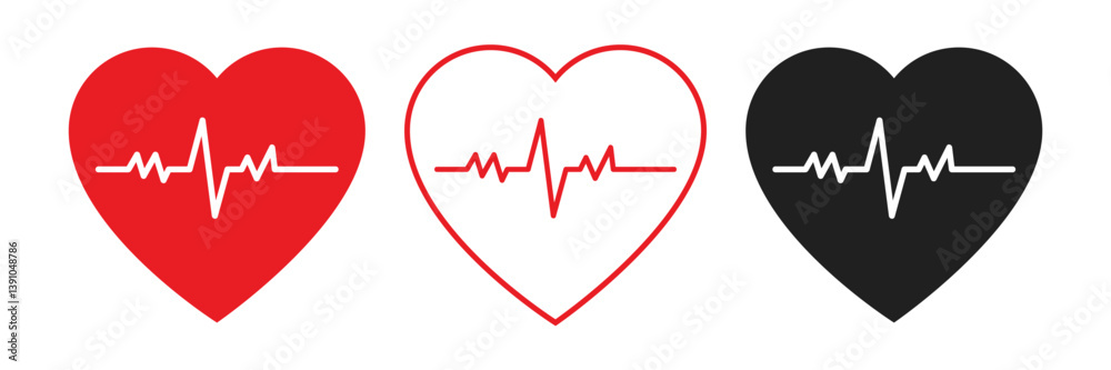 Heartbeat icon set in red and black color. Heart shape with pulse line. Heartbeat pulse flat icon for medical apps and websites. Vector illustration. Heart vector icons. Set of heartbeat icon. Heartbeat icon set in red and black color. Heart shape with pulse line. Heartbeat pulse flat icon for medical apps and websites. Vector illustration. Heart vector icons. Set of heartbeat icon.