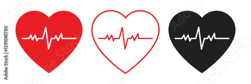 Heartbeat icon set in red and black color. Heart shape with pulse line. Heartbeat pulse flat icon for medical apps and websites. Vector illustration. Heart vector icons. Set of heartbeat icon.