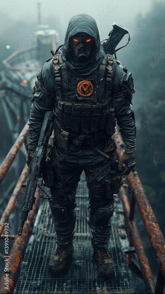 A man in a black outfit with a red eye and a gun A man in a black outfit with a red eye and a gun