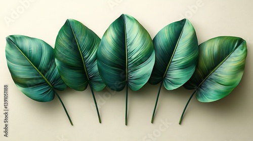Close up of vibrant green tropical plant leaves isolated a white background for a clean look