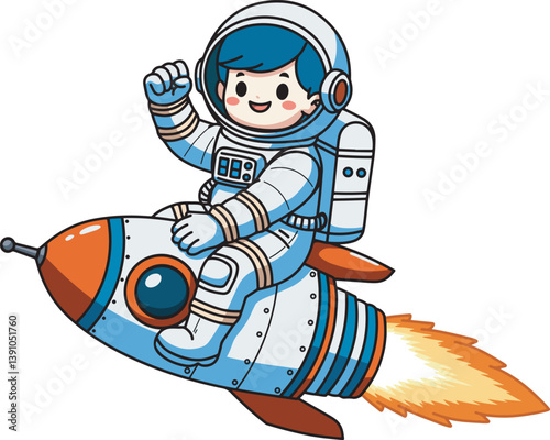 Cute cartoon character riding rocket illustration