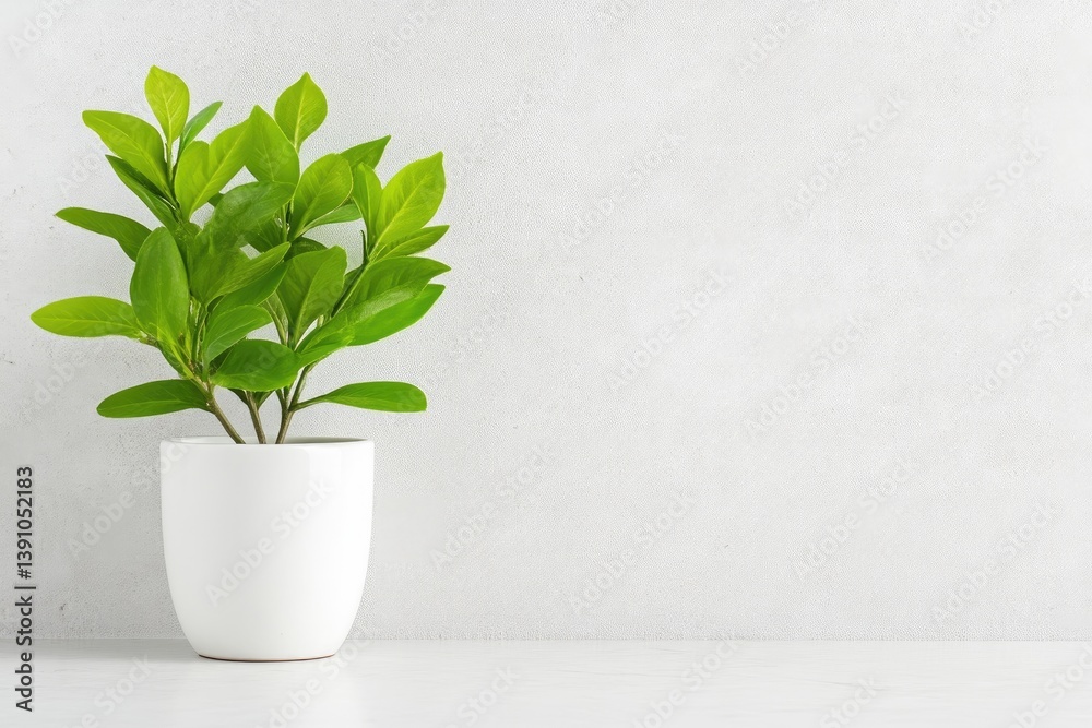 Fototapeta premium Simple potted plant against a light gray wall. A small, potted plant with vibrant green leaves sits on a white surface in front of a light gray textured wall.