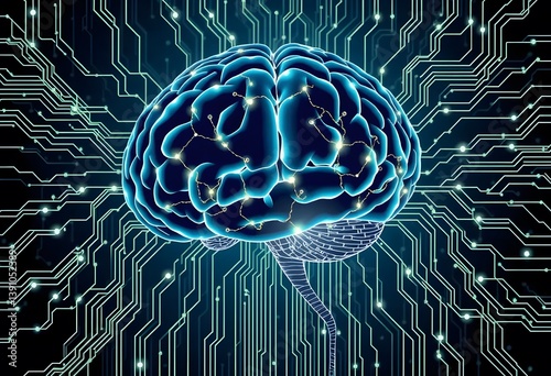 Vector artwork of a human brain merging with digital data streams and circuit lines, symbolizing artificial intelligence and machine learning, clean and realistic