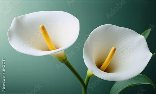 Two elegant white calla lilies bloom, their smooth petals and vibrant yellow spadices contrasting against a soft green background.  Delicate and refined floral beauty.