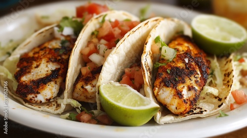 Plate of hearty blackened fish tacos from Mexico with a spicy rub and zesty lime captured in a refined high resolution coastal culinary photography style