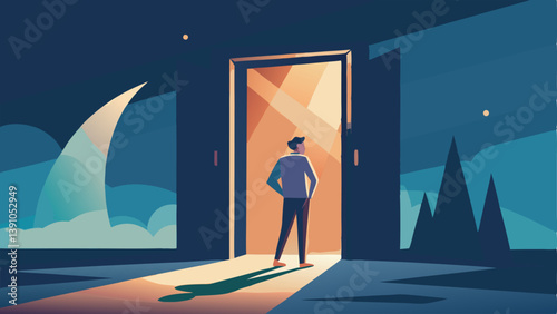 Door to Opportunity A metaphorical door halfopen with light shining through and an individual standing in front of it with a hopeful yet uncertain expression.