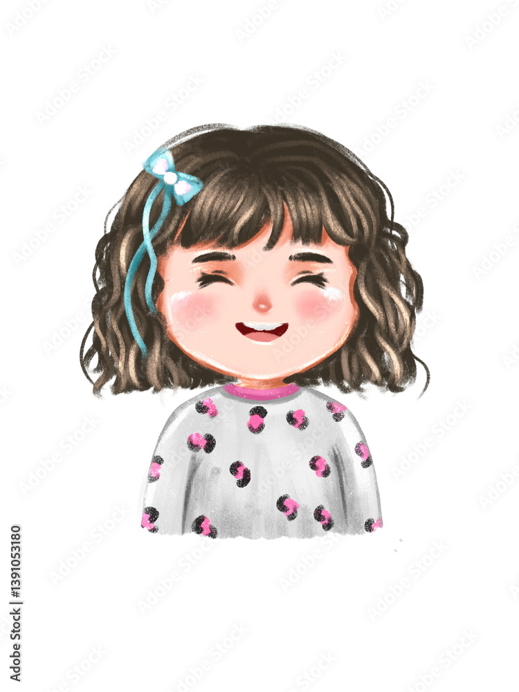 Joyful Child Portrait: Curly Hair, Teary-Eyed Smile, Pastel Sweater Joyful Child Portrait: Curly Hair, Teary-Eyed Smile, Pastel Sweater