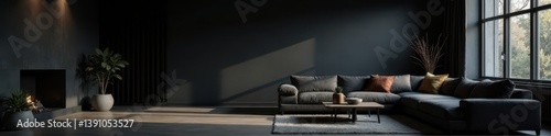 Deep shadows engulf a stark black wall in a dimly lit living room , night, home, silence