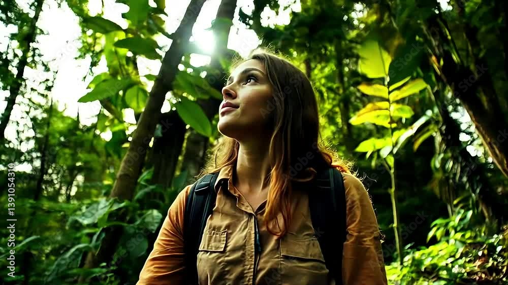 Woman exploring lush green forest, discovering nature in peaceful outdoor setting
Woman exploring lush green forest, discovering nature in peaceful outdoor setting