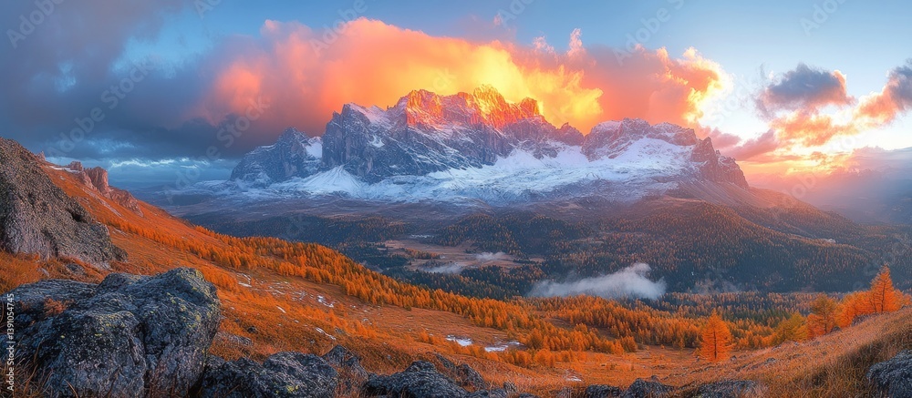 Fototapeta premium Majestic sunset illuminates snow-capped peaks and autumnal valley