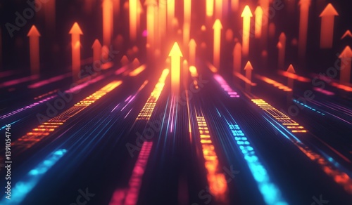 Dynamic upward trend in data flow.  Bright arrows and glowing lines represent accelerated growth and technological advancement