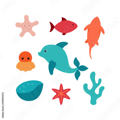 set of funny cartoon sea animals