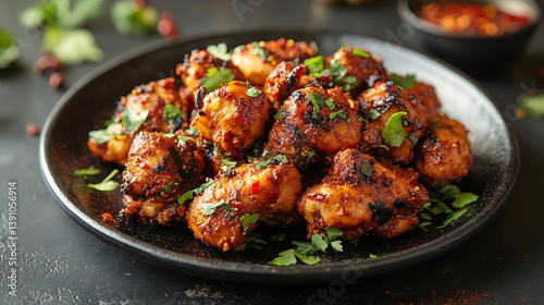 Plate of spicy chettinad chicken from India with bold peppery flavors and a vibrant presentation captured in a dynamic high resolution gourmet food photography style